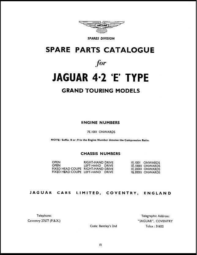 .. Jaguar E-Type Series 1 4.2 Parts Catalog J.37